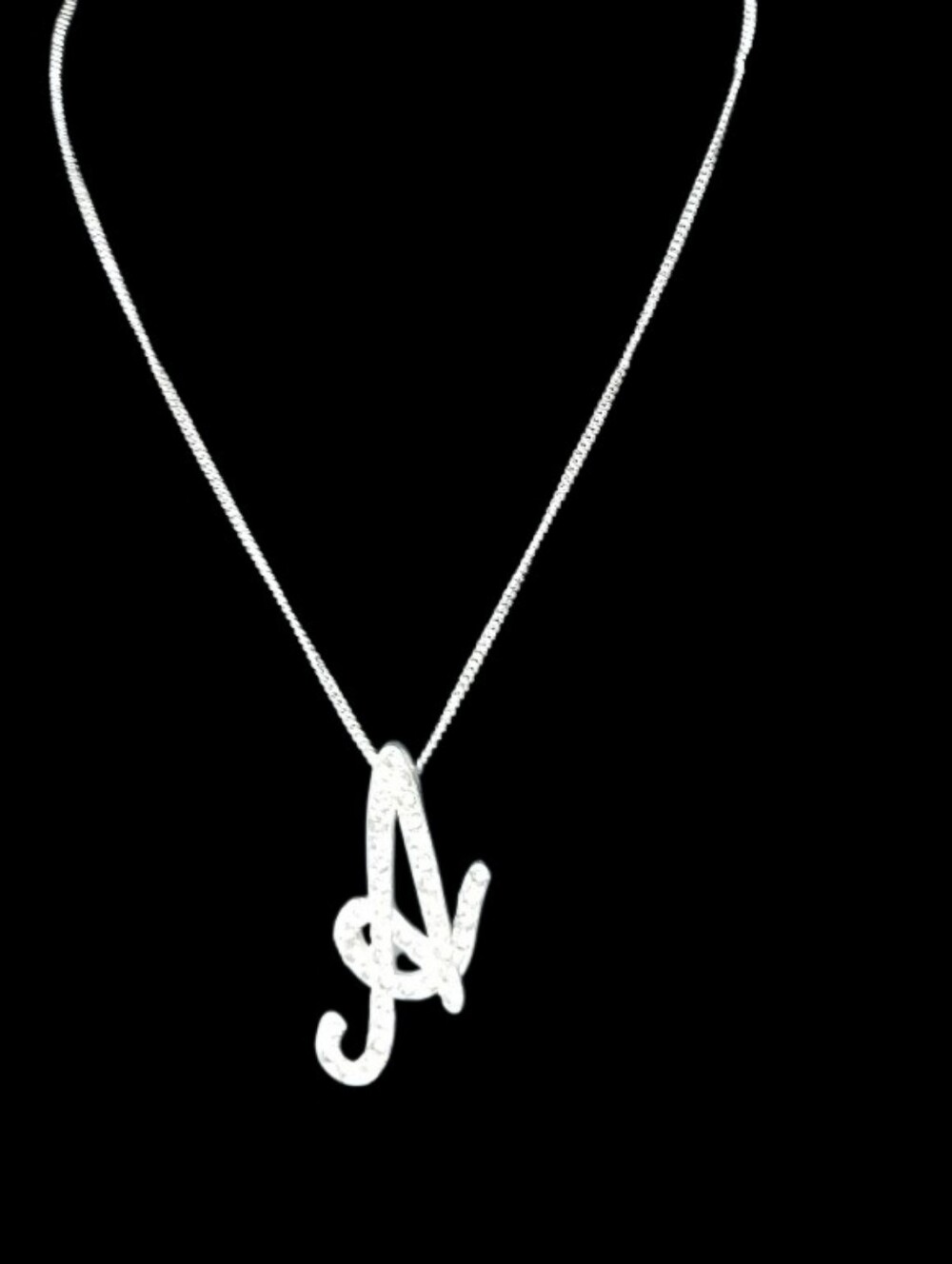 N392 Silvertone Initial A Cursive Penmanship Necklace